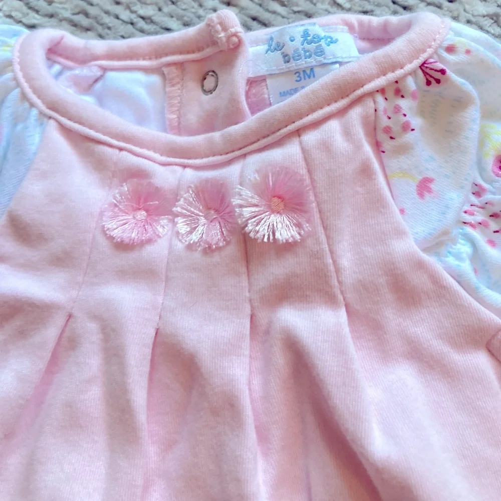 Le Top Bébé Pink Bird Embroidered One Piece Outfit Romper‎ 3M